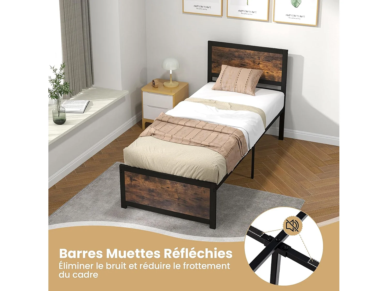 Lit Simple 90x200cm avec Sommier, Support à Lattes en Métal, avec Tête de Lit et Rangement sous Le Lit, Style Industriel, Assemblage Facile