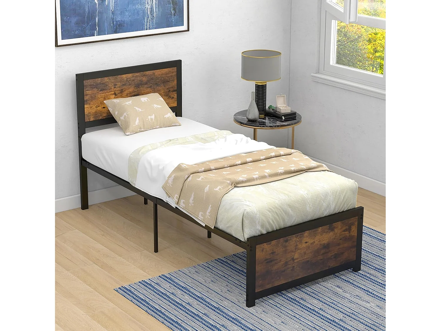 Lit Simple 90x200cm avec Sommier, Support à Lattes en Métal, avec Tête de Lit et Rangement sous Le Lit, Style Industriel, Assemblage Facile