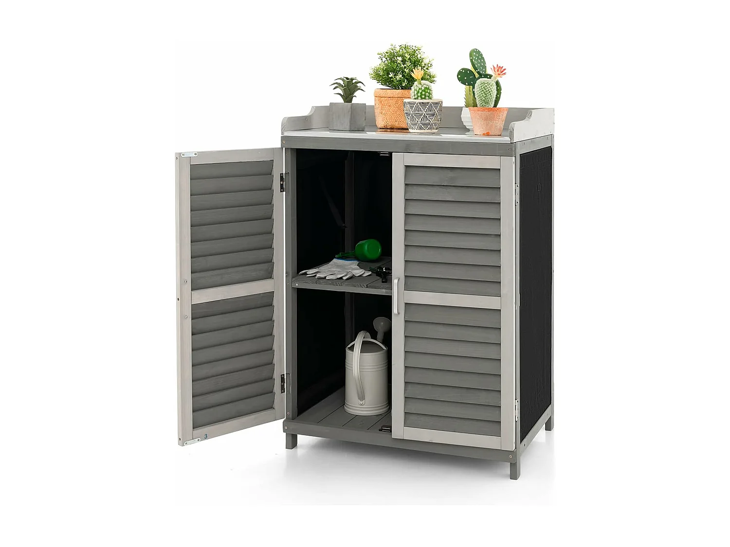 Armoire de jardin à 2 Étagères et Plateau en Métal Plaqué, Cabane de Rangement en Bois de Sapin avec Portes, pour Terrasse Jardin Cour 67 x 47 x 100 cm, Gris