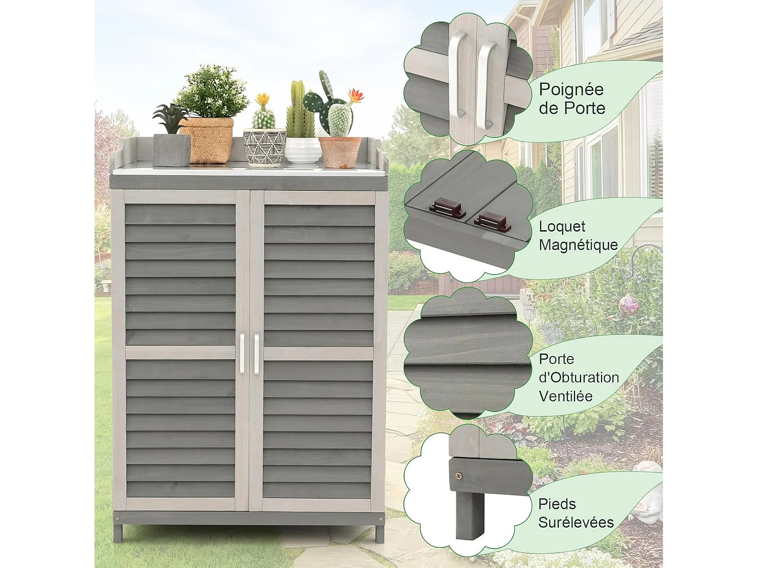 Armoire de jardin à 2 Étagères et Plateau en Métal Plaqué, Cabane de Rangement en Bois de Sapin avec Portes, pour Terrasse Jardin Cour 67 x 47 x 100 cm, Gris
