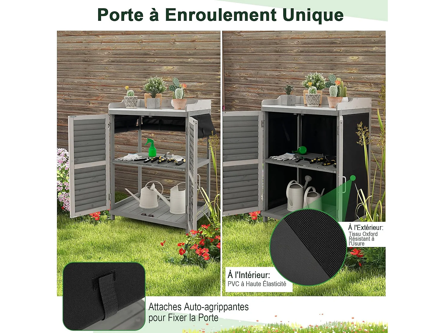 Armoire de jardin à 2 Étagères et Plateau en Métal Plaqué, Cabane de Rangement en Bois de Sapin avec Portes, pour Terrasse Jardin Cour 67 x 47 x 100 cm, Gris