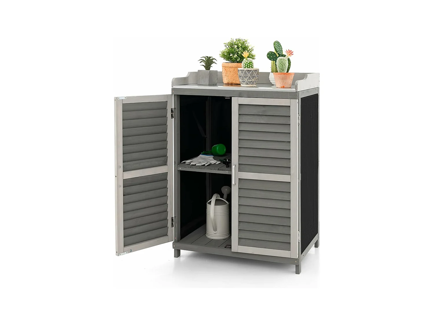 Armoire de jardin à 2 Étagères et Plateau en Métal Plaqué, Cabane de Rangement en Bois de Sapin avec Portes, pour Terrasse Jardin Cour 67 x 47 x 100 cm, Gris