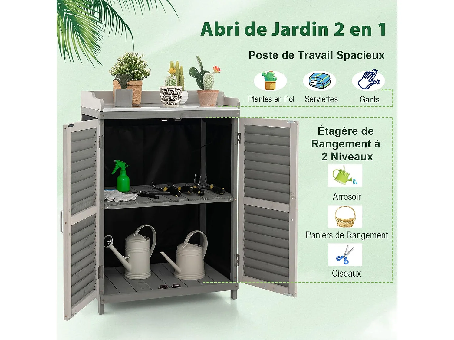 Armoire de jardin à 2 Étagères et Plateau en Métal Plaqué, Cabane de Rangement en Bois de Sapin avec Portes, pour Terrasse Jardin Cour 67 x 47 x 100 cm, Gris