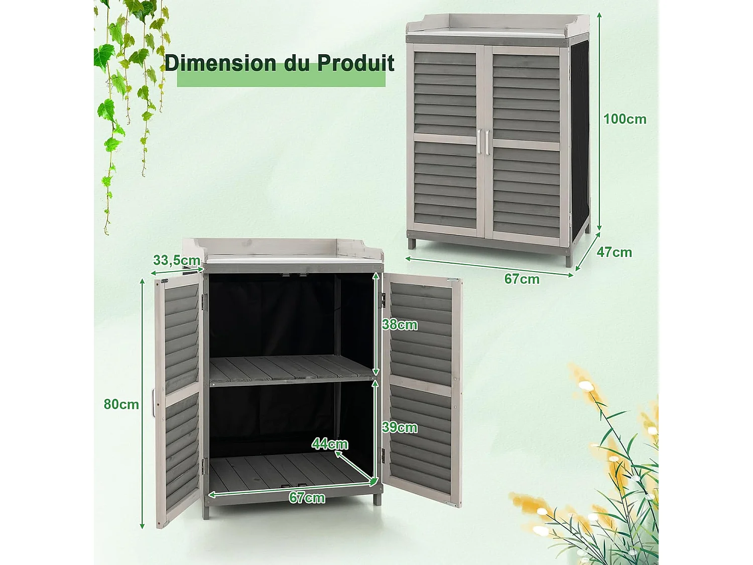 Armoire de jardin à 2 Étagères et Plateau en Métal Plaqué, Cabane de Rangement en Bois de Sapin avec Portes, pour Terrasse Jardin Cour 67 x 47 x 100 cm, Gris