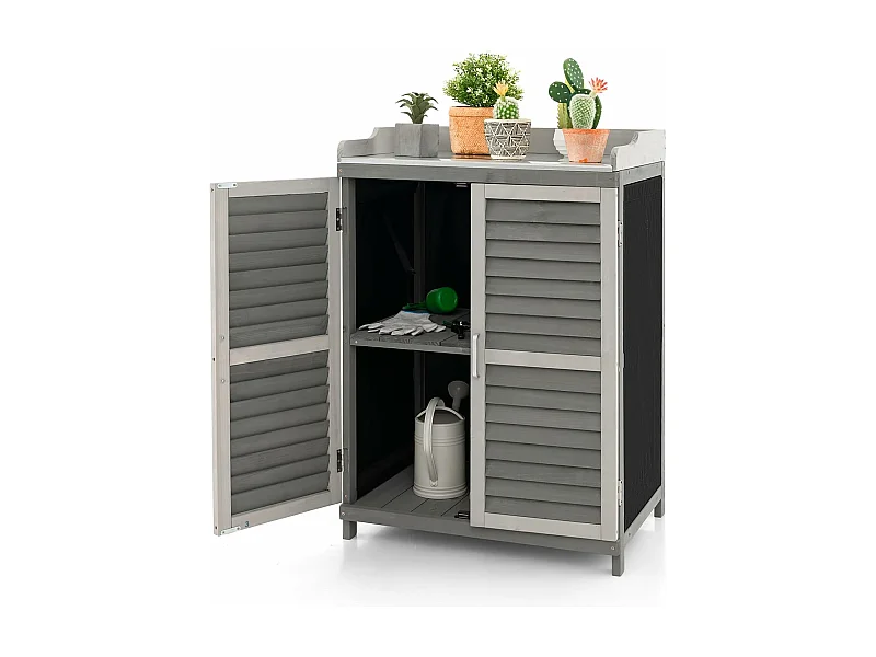 Armoire de jardin à 2 Étagères et Plateau en Métal Plaqué, Cabane de Rangement en Bois de Sapin avec Portes, pour Terrasse Jardin Cour 67 x 47 x 100 cm, Gris