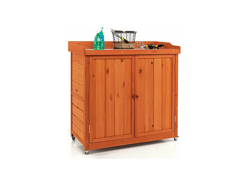 Armoire de Jardin en Bois Extérieur 2 en 1, Table de Jardinage avec Porte, Etagère Amovible et 4 Roues Universelles Plateau en Acier Galvanisé pour Cour, Jardin