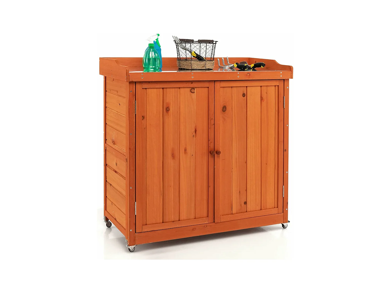 Armoire de Jardin en Bois Extérieur 2 en 1, Table de Jardinage avec Porte, Etagère Amovible et 4 Roues Universelles Plateau en Acier Galvanisé pour Cour, Jardin