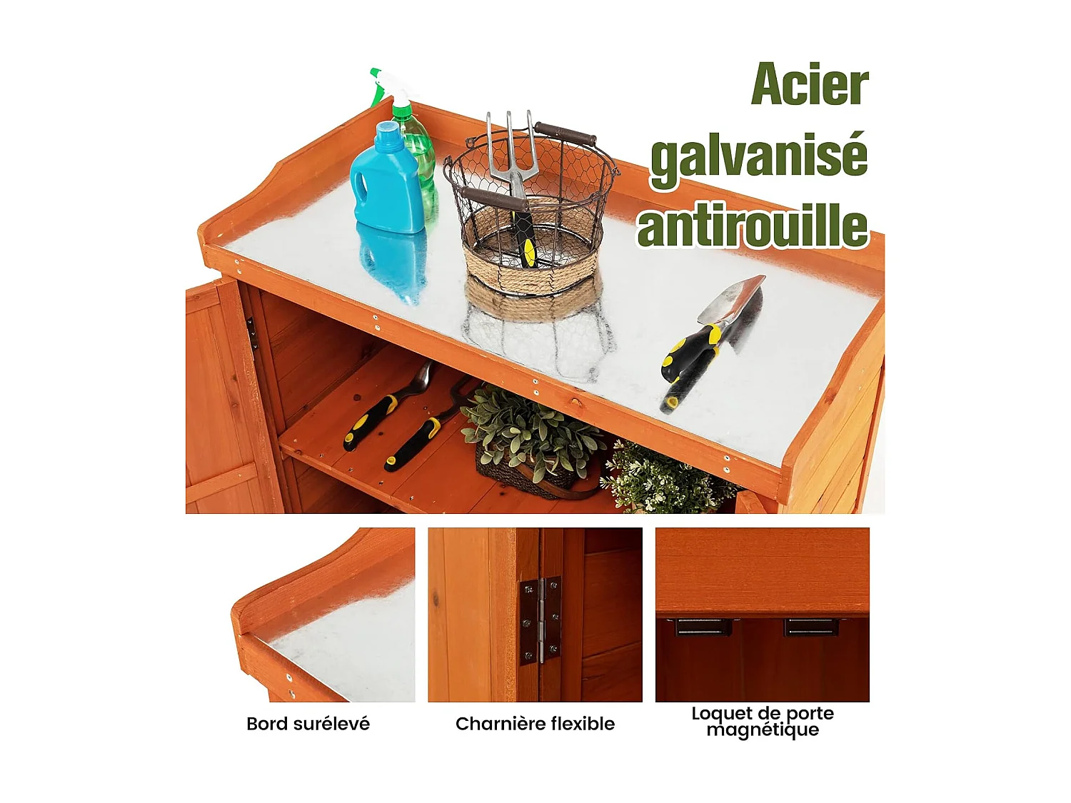 Armoire de Jardin en Bois Extérieur 2 en 1, Table de Jardinage avec Porte, Etagère Amovible et 4 Roues Universelles Plateau en Acier Galvanisé pour Cour, Jardin