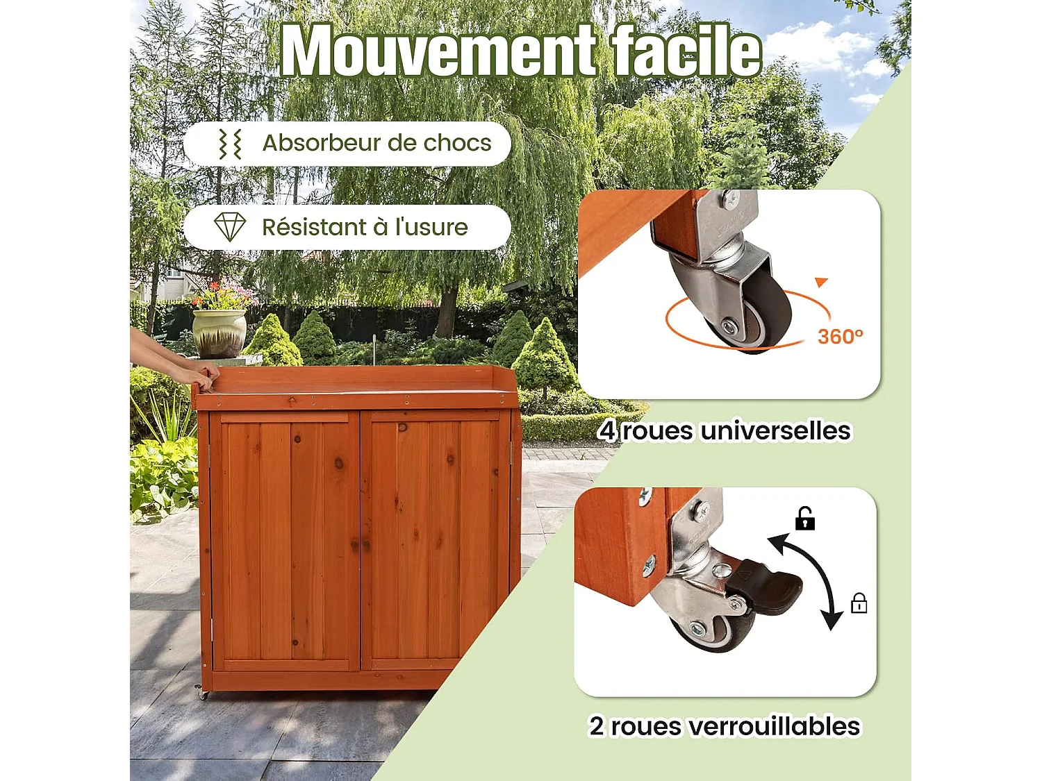 Armoire de Jardin en Bois Extérieur 2 en 1, Table de Jardinage avec Porte, Etagère Amovible et 4 Roues Universelles Plateau en Acier Galvanisé pour Cour, Jardin