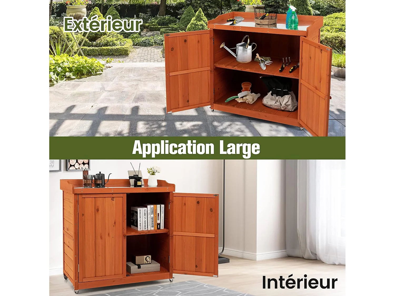 Armoire de Jardin en Bois Extérieur 2 en 1, Table de Jardinage avec Porte, Etagère Amovible et 4 Roues Universelles Plateau en Acier Galvanisé pour Cour, Jardin