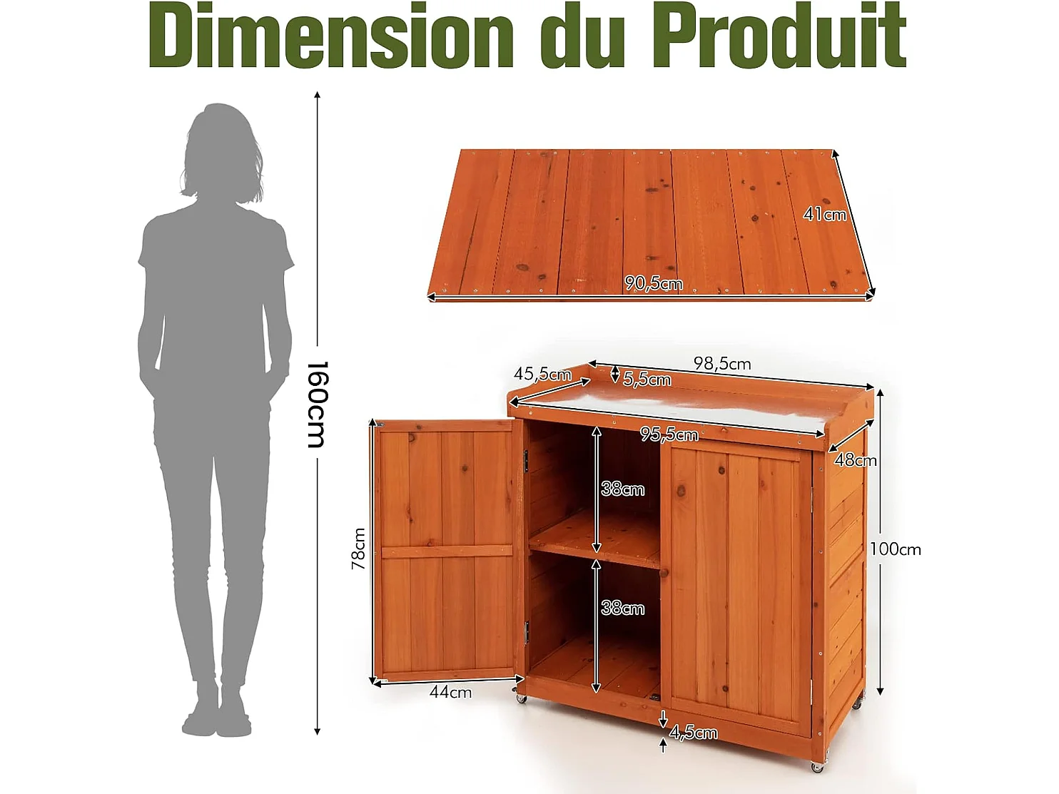 Armoire de Jardin en Bois Extérieur 2 en 1, Table de Jardinage avec Porte, Etagère Amovible et 4 Roues Universelles Plateau en Acier Galvanisé pour Cour, Jardin