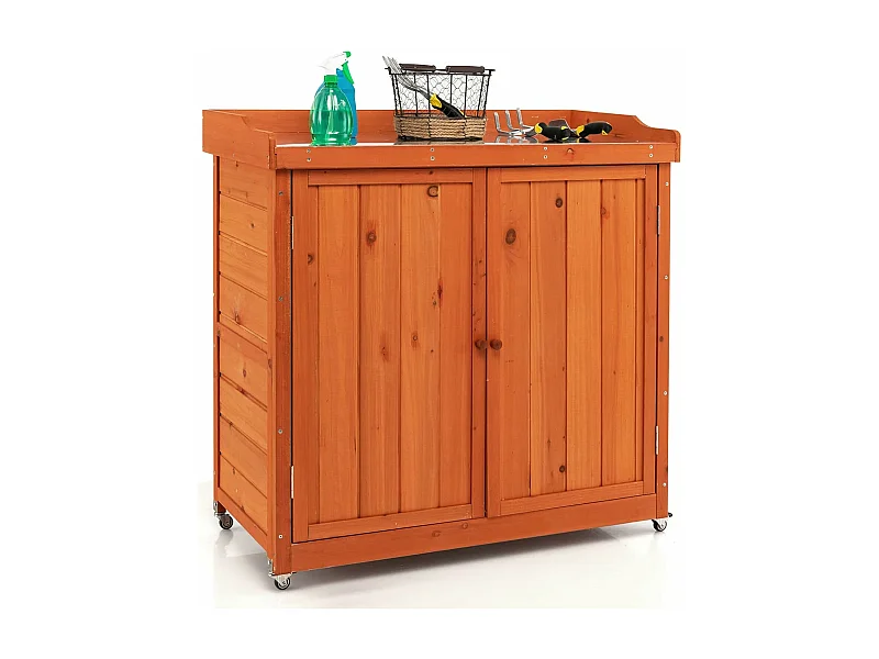Armoire de Jardin en Bois Extérieur 2 en 1, Table de Jardinage avec Porte, Etagère Amovible et 4 Roues Universelles Plateau en Acier Galvanisé pour Cour, Jardin