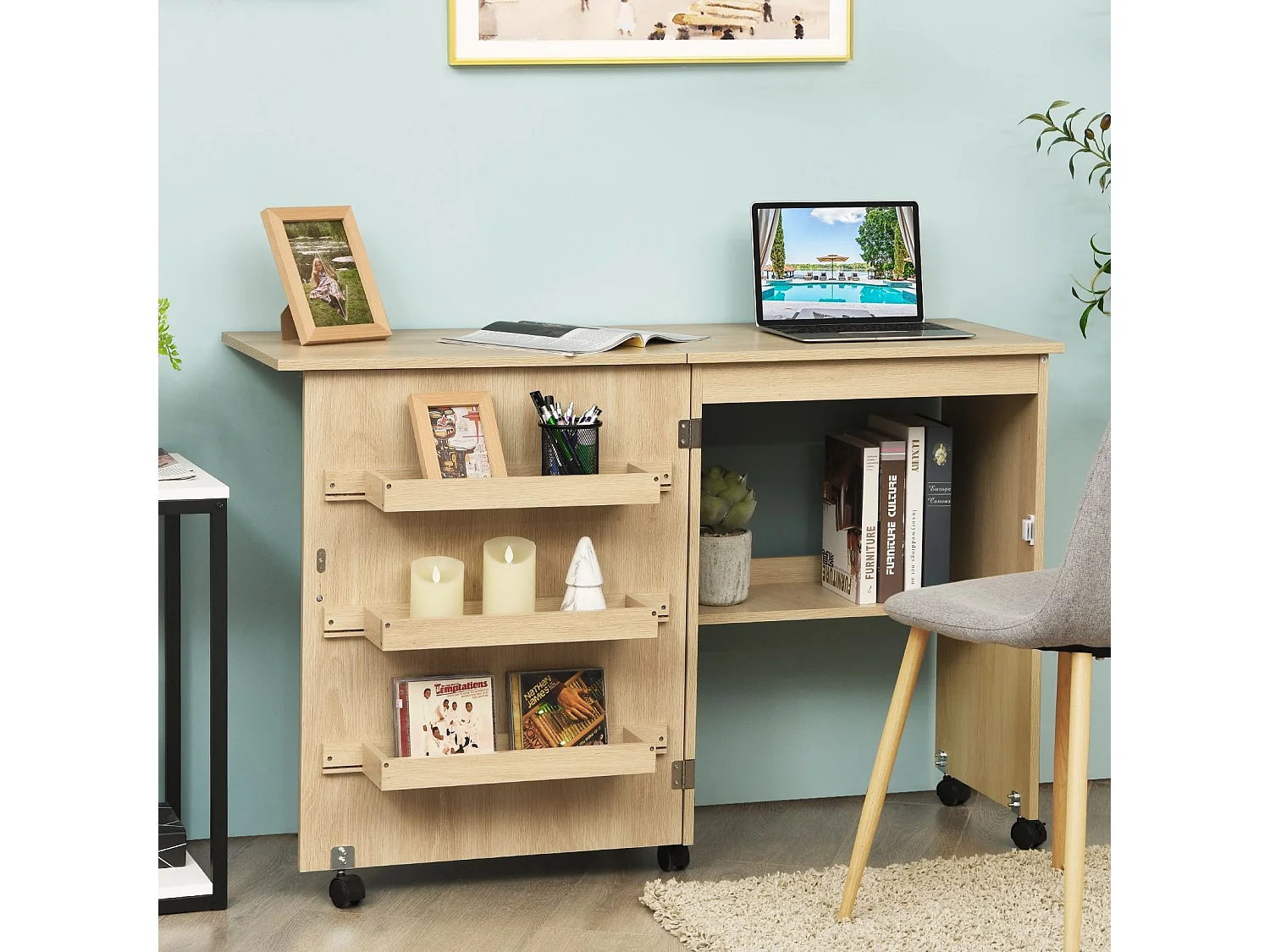 Armoire pour Machine à Coudre Pliante, Table de Couture avec 3 Etagères pour Bobines et roulettes verrouillables en Bois