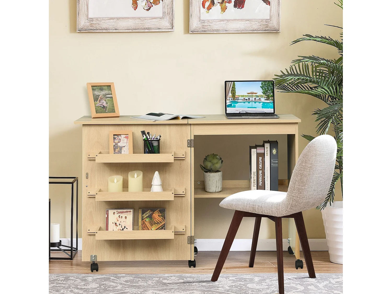 Armoire pour Machine à Coudre Pliante, Table de Couture avec 3 Etagères pour Bobines et roulettes verrouillables en Bois