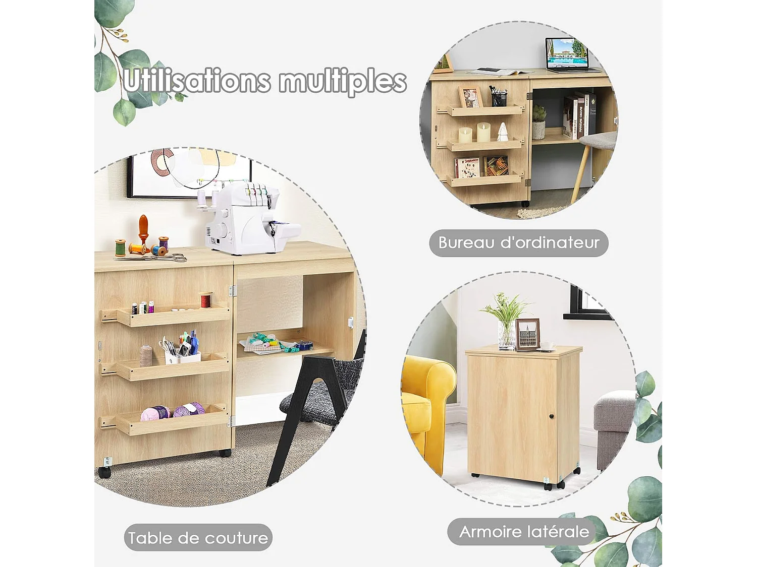 Armoire pour Machine à Coudre Pliante, Table de Couture avec 3 Etagères pour Bobines et roulettes verrouillables en Bois
