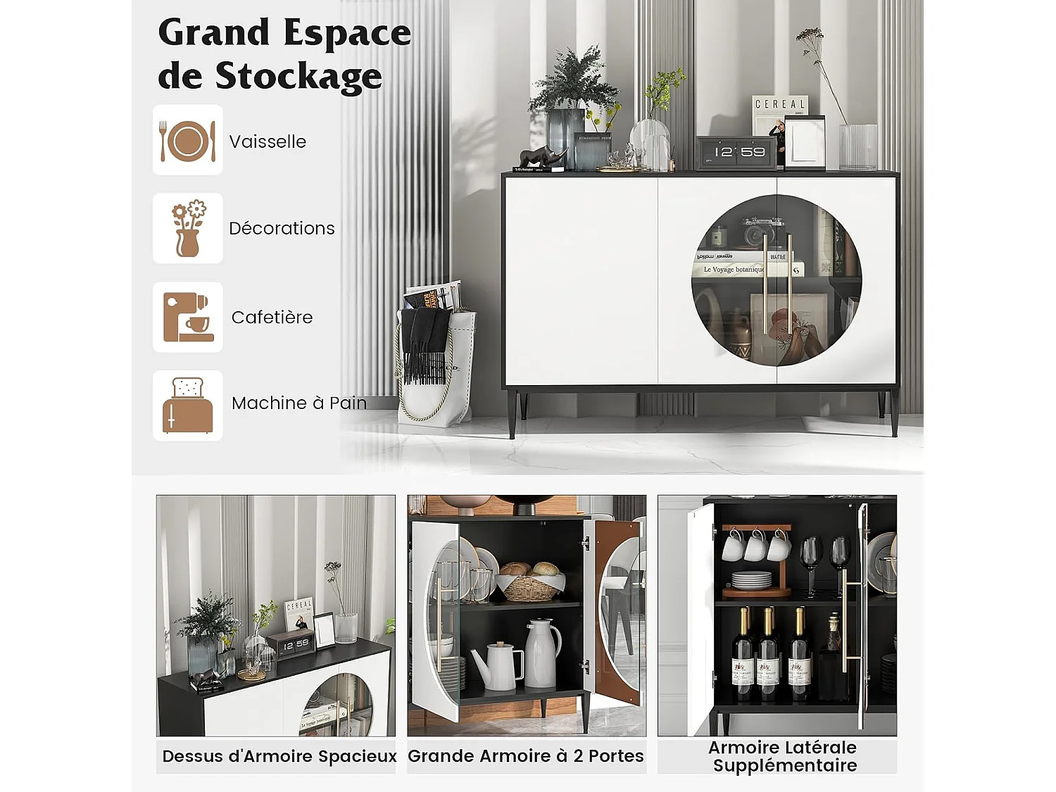 Armoire Cuisine Bas, Buffet Cuisine Moderne 120CM, Placards à Portes Vitrées, Étagère Réglable, 4 Pieds en Métal, Meuble Rangement Design pour Salon, Chambre