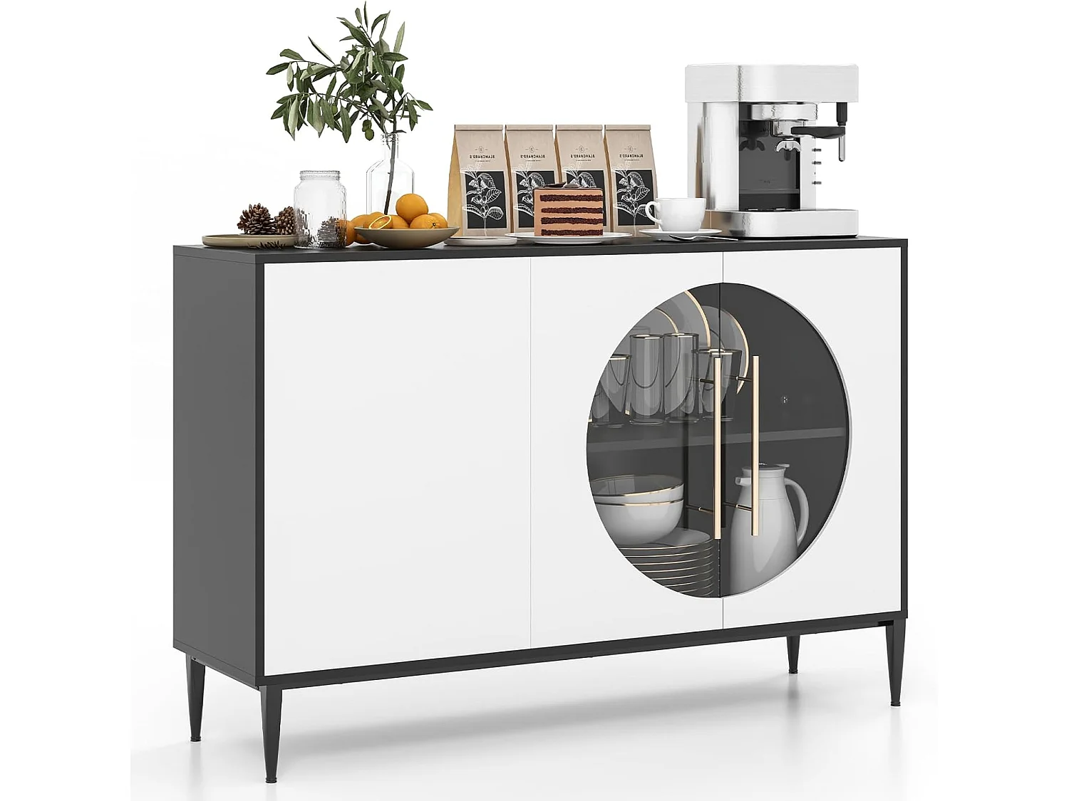 Armoire Cuisine Bas, Buffet Cuisine Moderne 120CM, Placards à Portes Vitrées, Étagère Réglable, 4 Pieds en Métal, Meuble Rangement Design pour Salon, Chambre