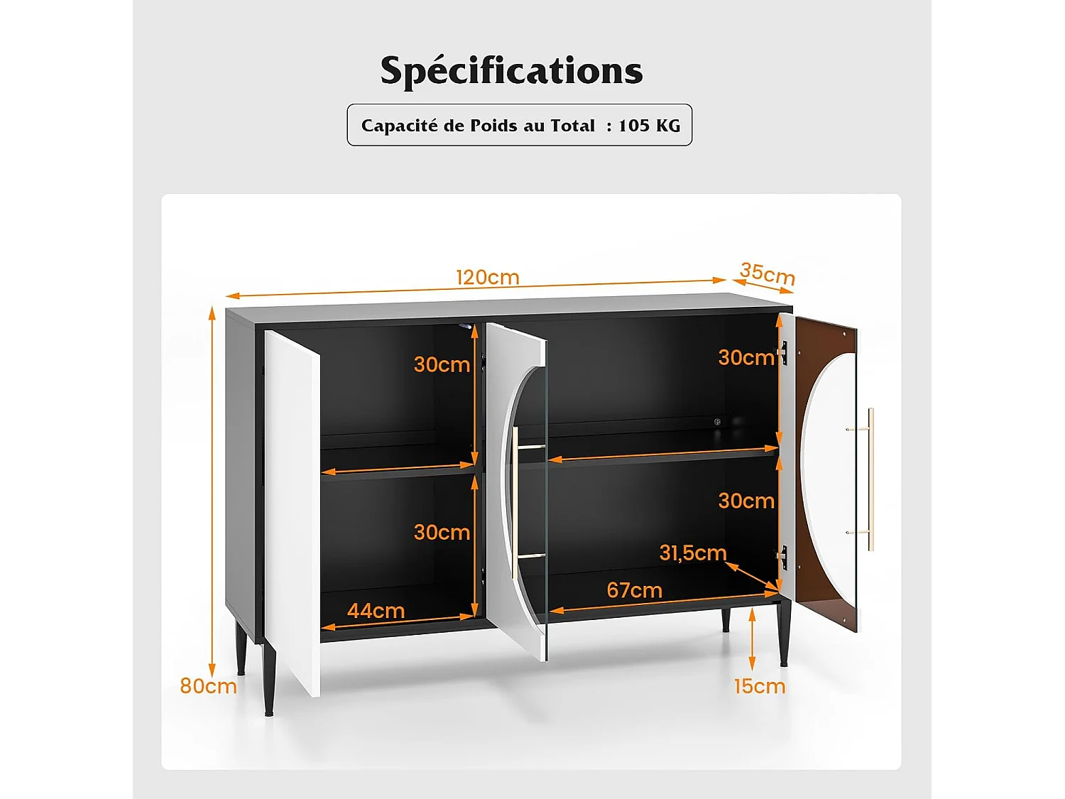 Armoire Cuisine Bas, Buffet Cuisine Moderne 120CM, Placards à Portes Vitrées, Étagère Réglable, 4 Pieds en Métal, Meuble Rangement Design pour Salon, Chambre