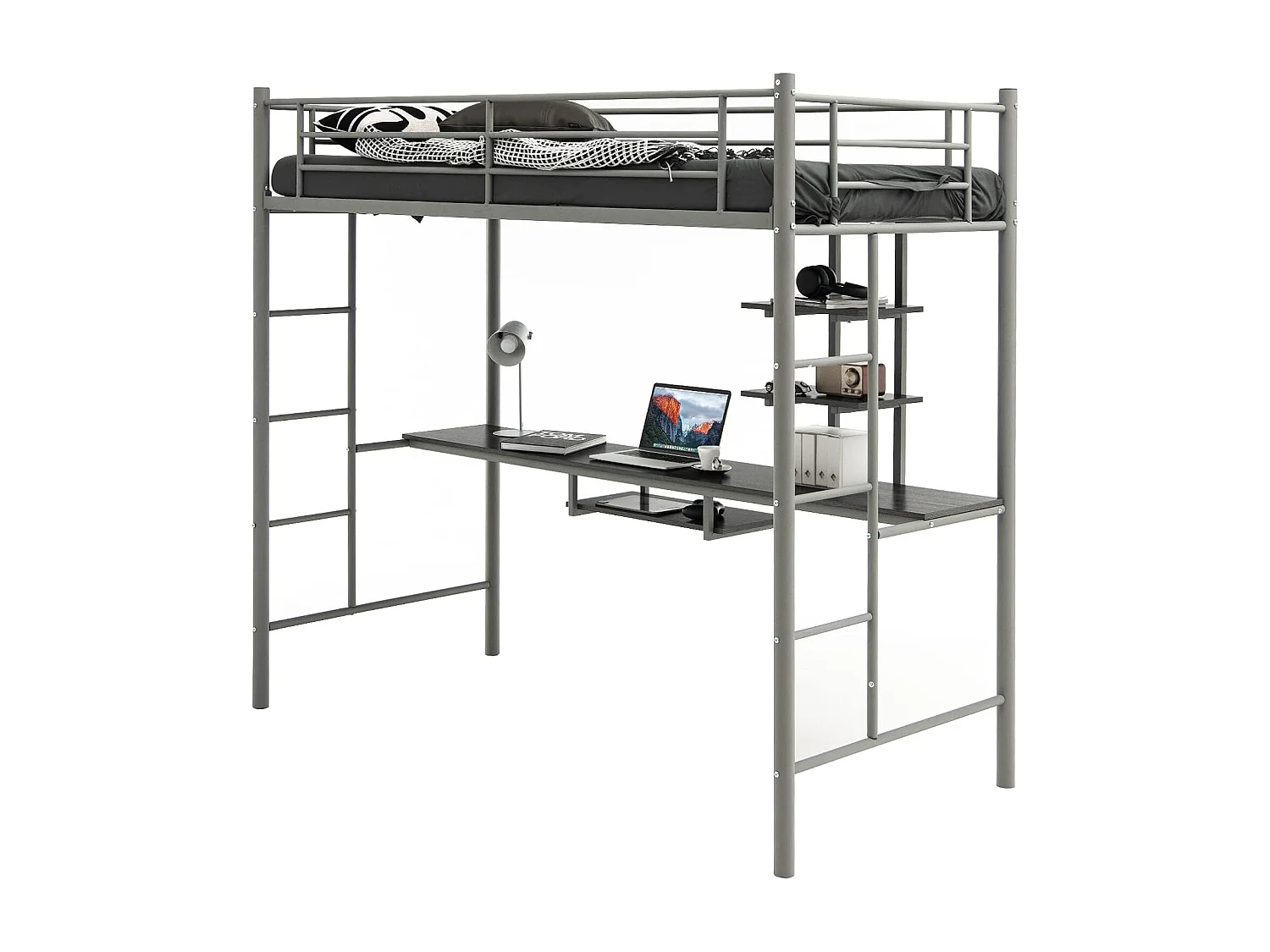 Lit Mezzanine en Métal avec Bureau, 90 x 190 CM, avec 2 Etagères, 2 Échelles, Garde-Corps sur Toute la Longueur, Argent