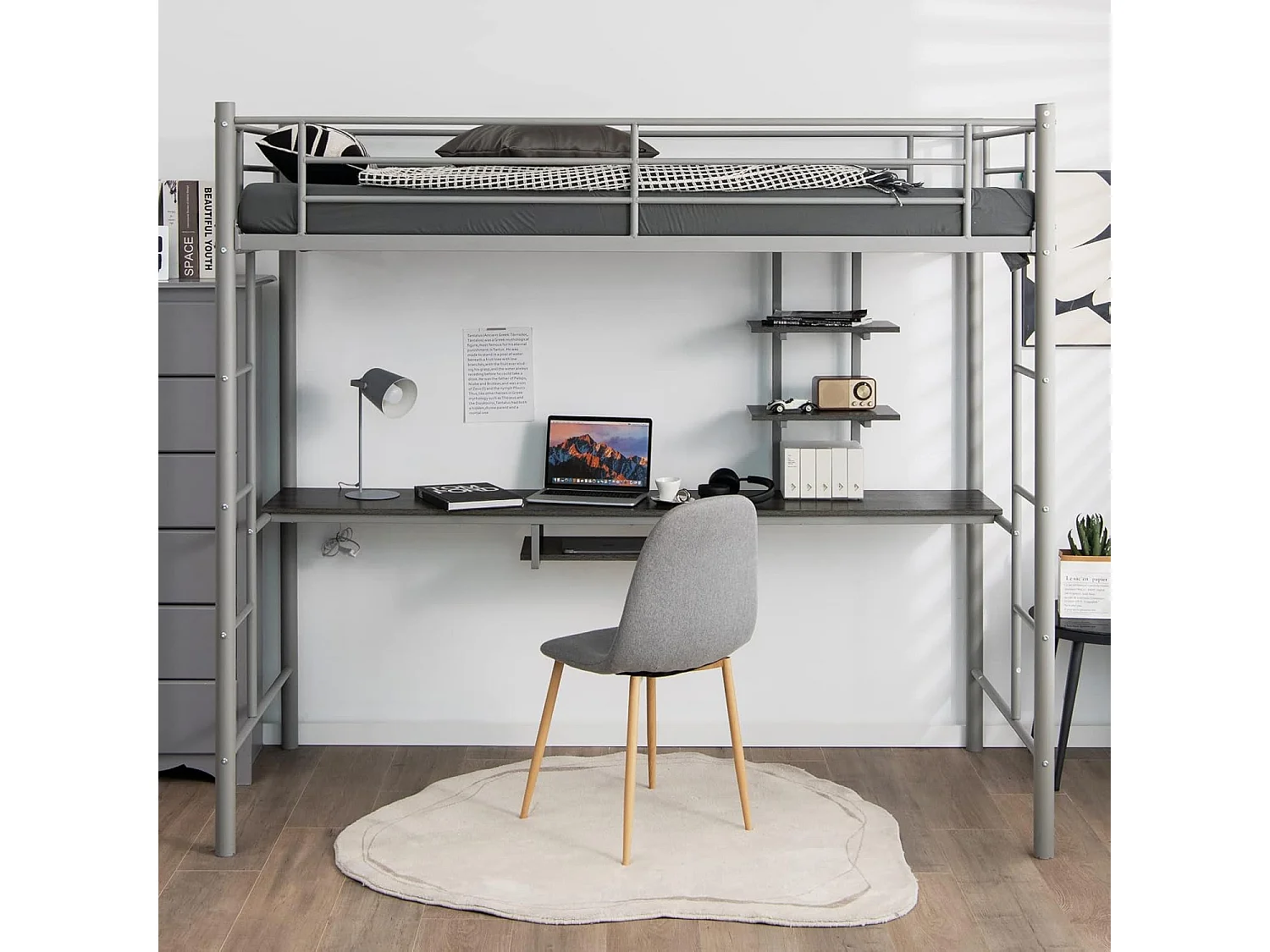 Lit Mezzanine en Métal avec Bureau, 90 x 190 CM, avec 2 Etagères, 2 Échelles, Garde-Corps sur Toute la Longueur, Argent