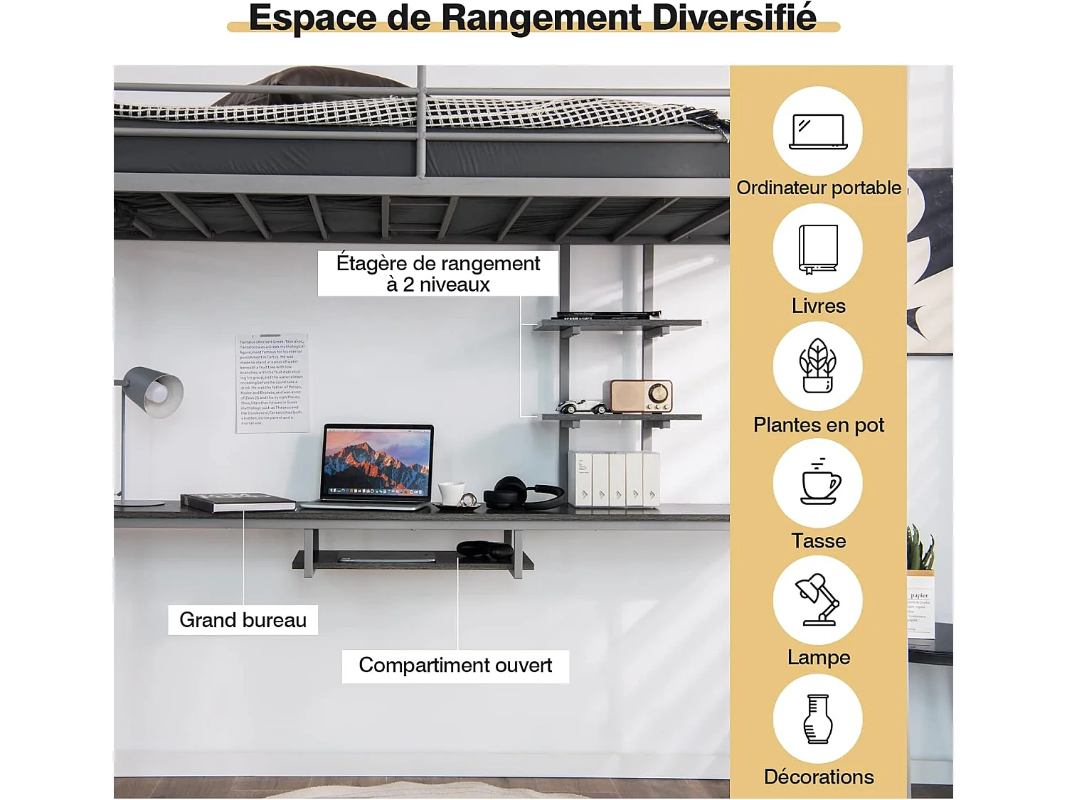 Lit Mezzanine en Métal avec Bureau, 90 x 190 CM, avec 2 Etagères, 2 Échelles, Garde-Corps sur Toute la Longueur, Argent