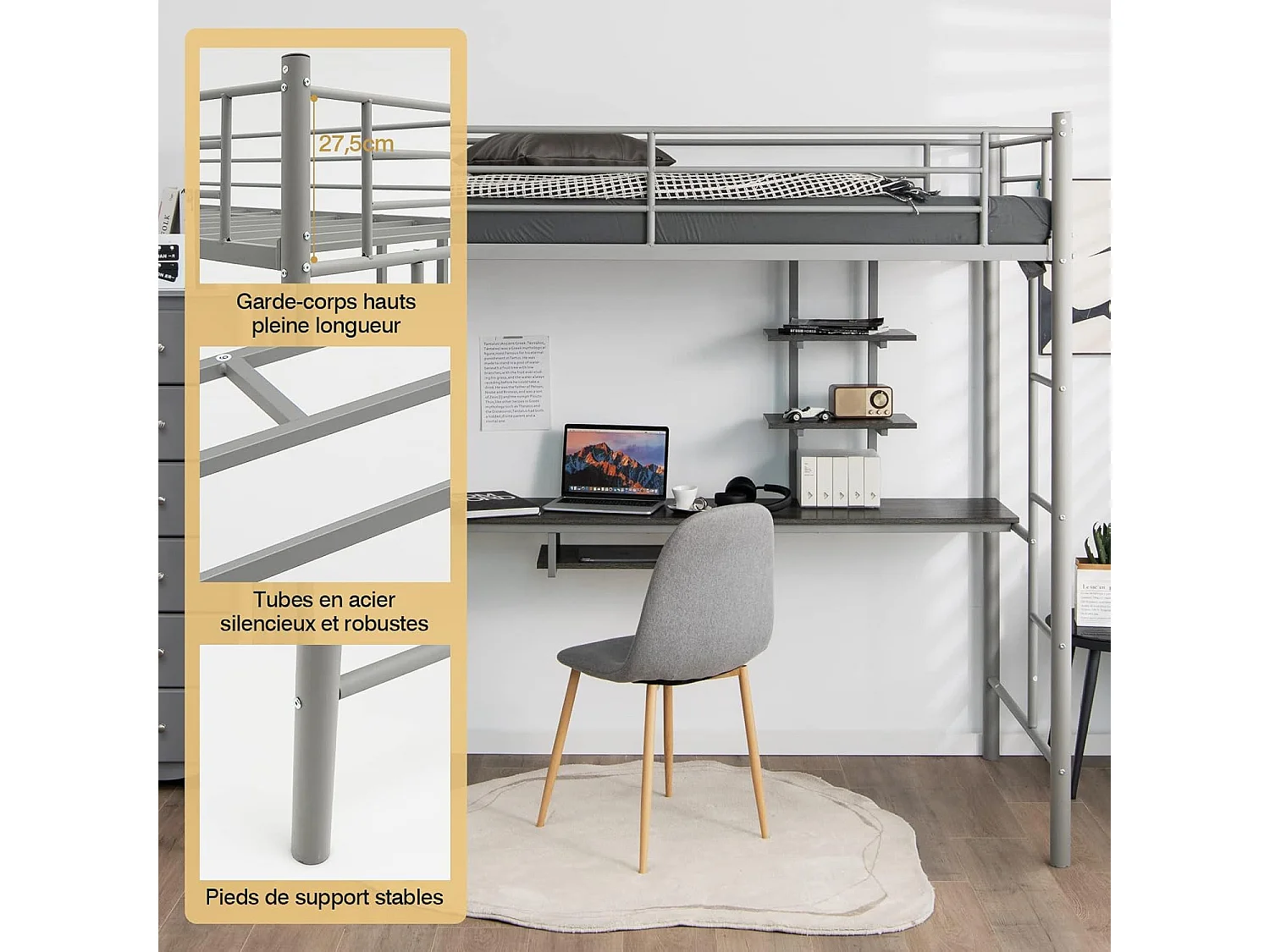 Lit Mezzanine en Métal avec Bureau, 90 x 190 CM, avec 2 Etagères, 2 Échelles, Garde-Corps sur Toute la Longueur, Argent