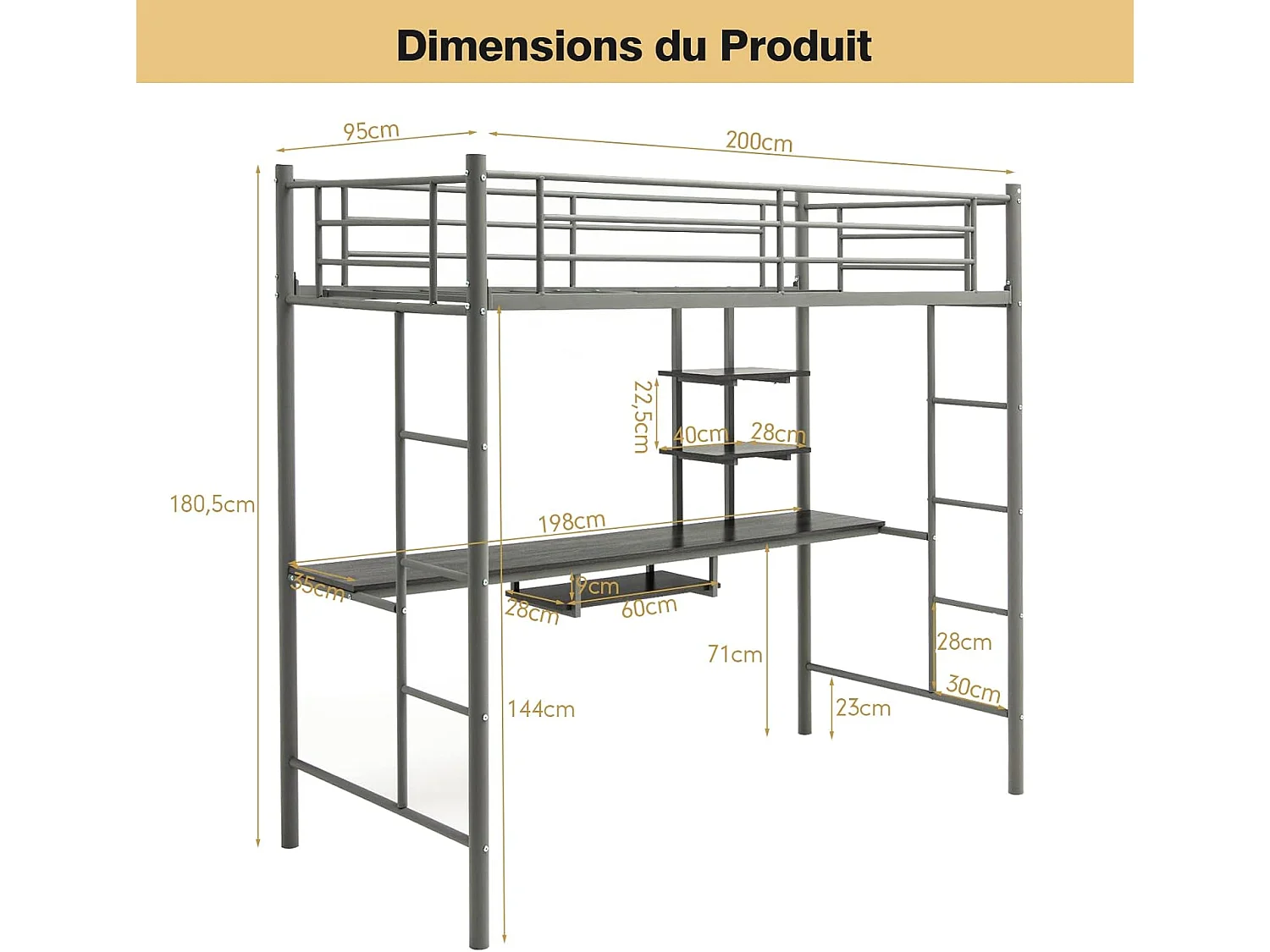 Lit Mezzanine en Métal avec Bureau, 90 x 190 CM, avec 2 Etagères, 2 Échelles, Garde-Corps sur Toute la Longueur, Argent