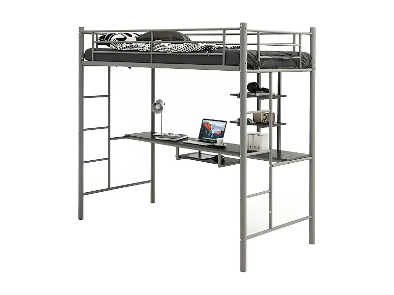 Lit Mezzanine en Métal avec Bureau, 90 x 190 CM, avec 2 Etagères, 2 Échelles, Garde-Corps sur Toute la Longueur, Argent