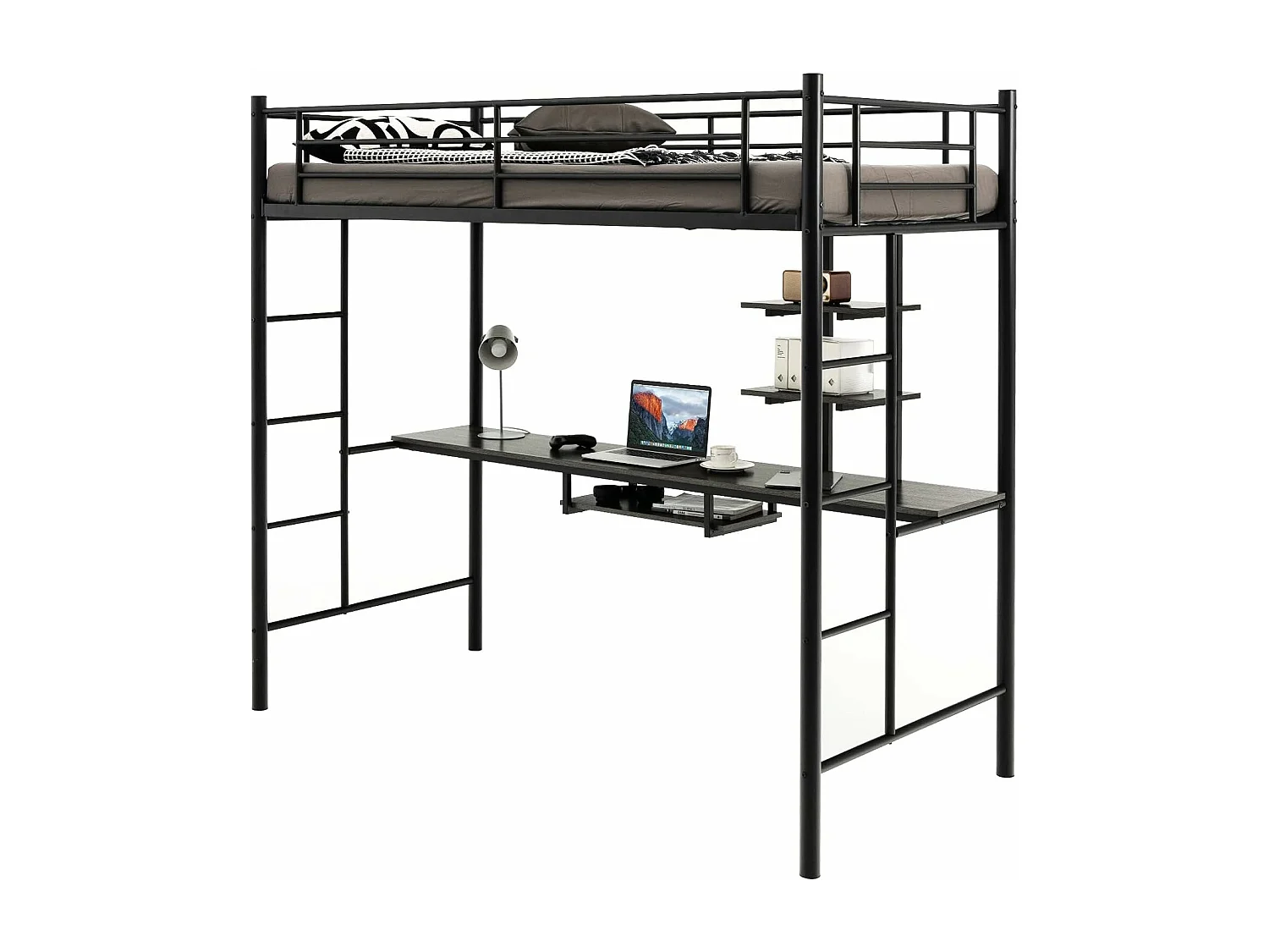 Lit Mezzanine en Métal avec Bureau, 2 Étagères et 2 Echelles, Lit pour Enfants et Adultes avec Lattes en Métal et Garde-Corps, pour Matelas de 90 x 190 cm (Noir)