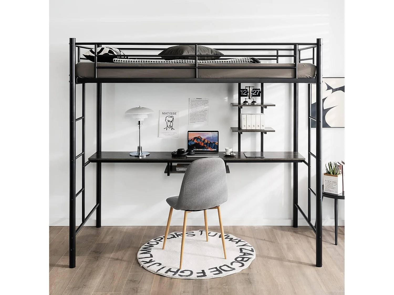 Lit Mezzanine en Métal avec Bureau, 2 Étagères et 2 Echelles, Lit pour Enfants et Adultes avec Lattes en Métal et Garde-Corps, pour Matelas de 90 x 190 cm (Noir)