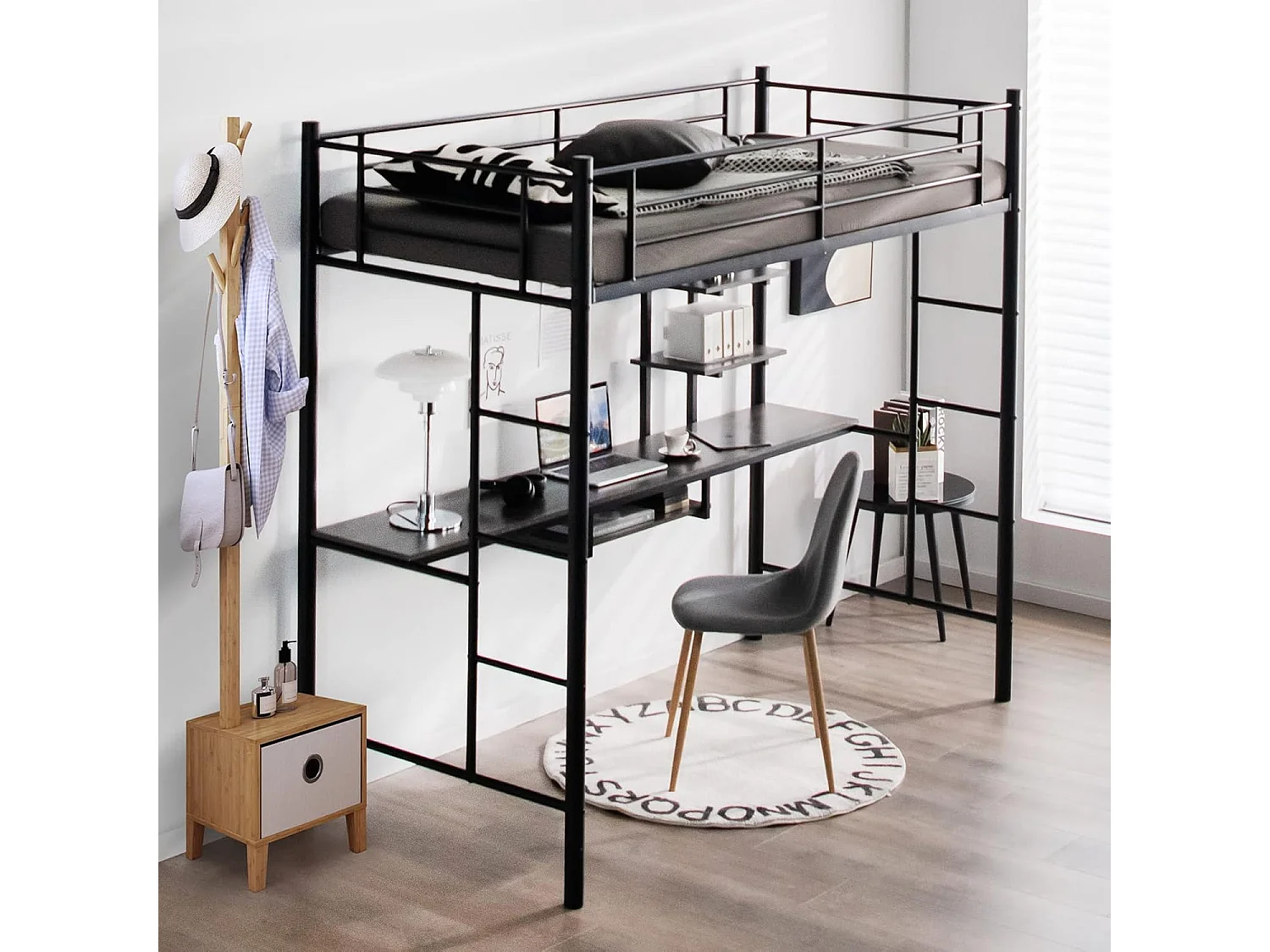 Lit Mezzanine en Métal avec Bureau, 2 Étagères et 2 Echelles, Lit pour Enfants et Adultes avec Lattes en Métal et Garde-Corps, pour Matelas de 90 x 190 cm (Noir)