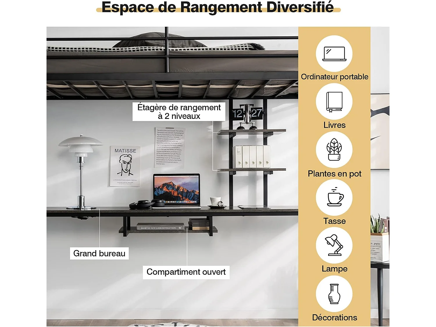 Lit Mezzanine en Métal avec Bureau, 2 Étagères et 2 Echelles, Lit pour Enfants et Adultes avec Lattes en Métal et Garde-Corps, pour Matelas de 90 x 190 cm (Noir)