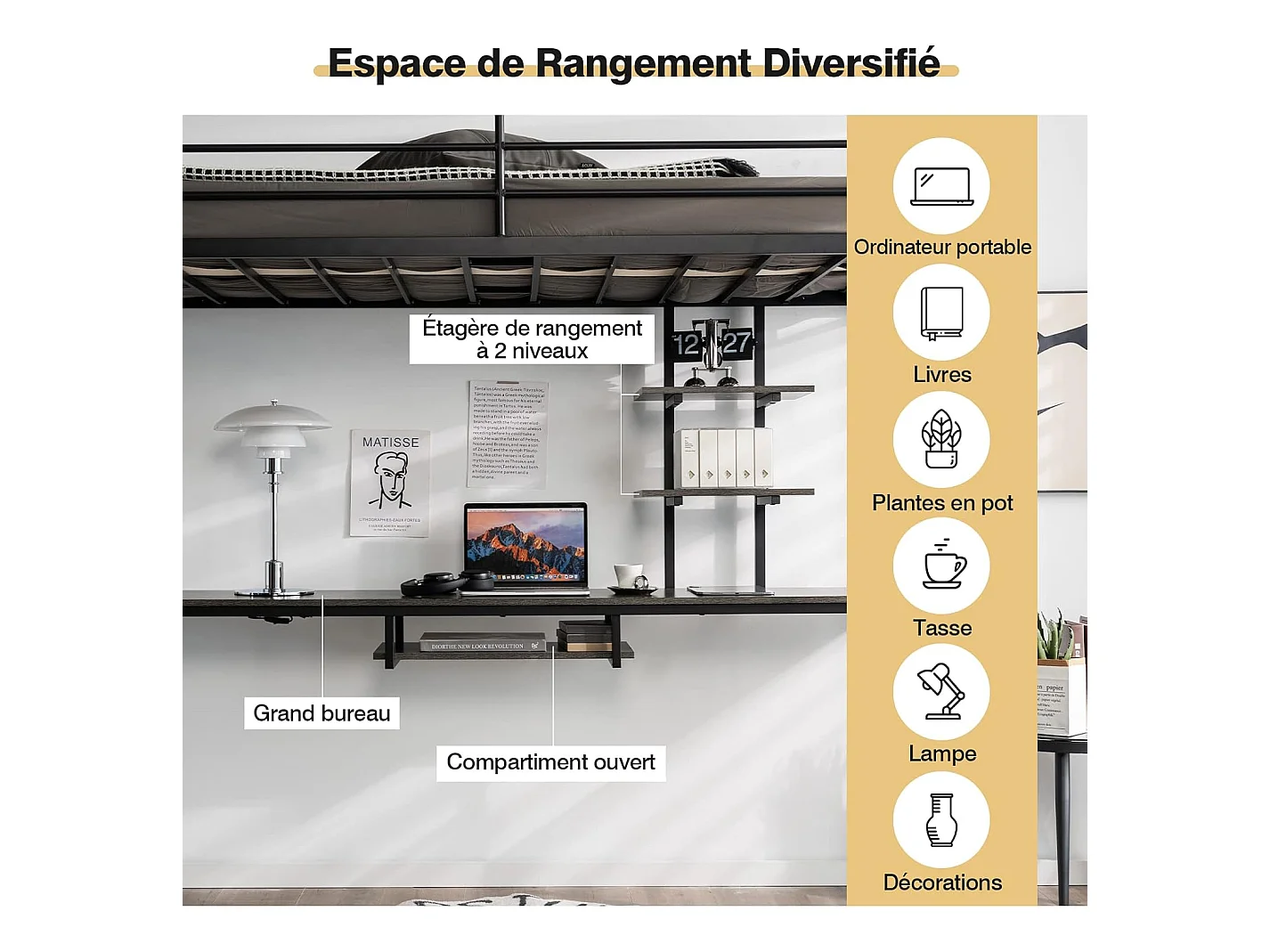 Lit Mezzanine en Métal avec Bureau, 2 Étagères et 2 Echelles, Lit pour Enfants et Adultes avec Lattes en Métal et Garde-Corps, pour Matelas de 90 x 190 cm (Noir)