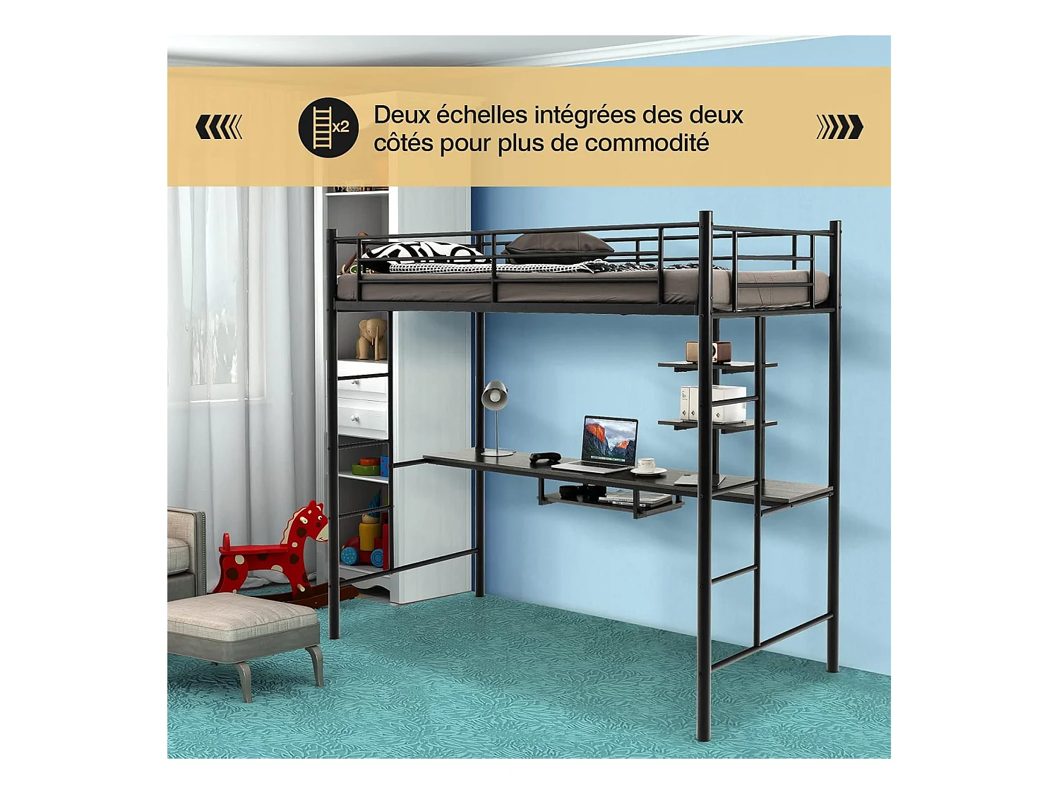 Metalen hoogslaper met bureau, 2 planken en 2 ladders, bed voor kinderen en volwassenen met metalen lattenbodem en leuning, voor matras van 90 x 190 cm (zwart)