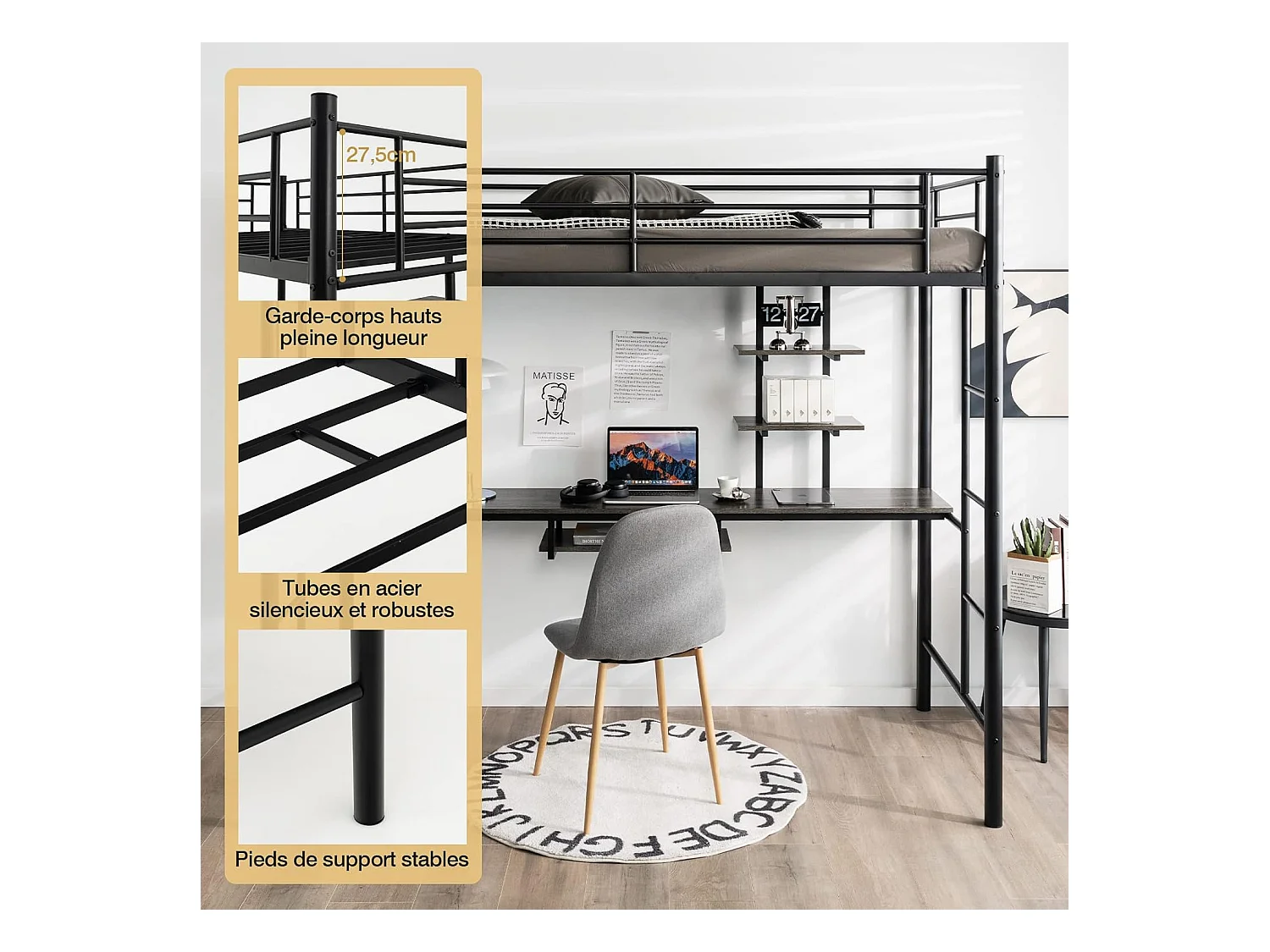 Metalen hoogslaper met bureau, 2 planken en 2 ladders, bed voor kinderen en volwassenen met metalen lattenbodem en leuning, voor matras van 90 x 190 cm (zwart)