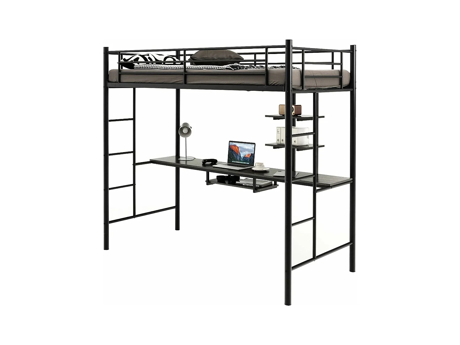 Metalen hoogslaper met bureau, 2 planken en 2 ladders, bed voor kinderen en volwassenen met metalen lattenbodem en leuning, voor matras van 90 x 190 cm (zwart)