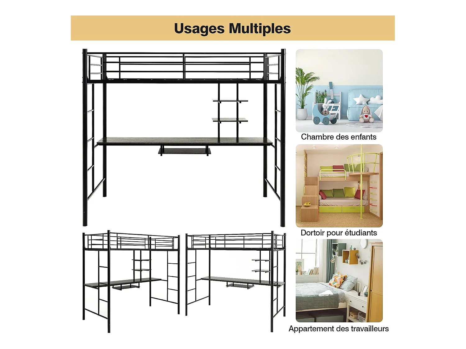 Metalen hoogslaper met bureau, 2 planken en 2 ladders, bed voor kinderen en volwassenen met metalen lattenbodem en leuning, voor matras van 90 x 190 cm (zwart)