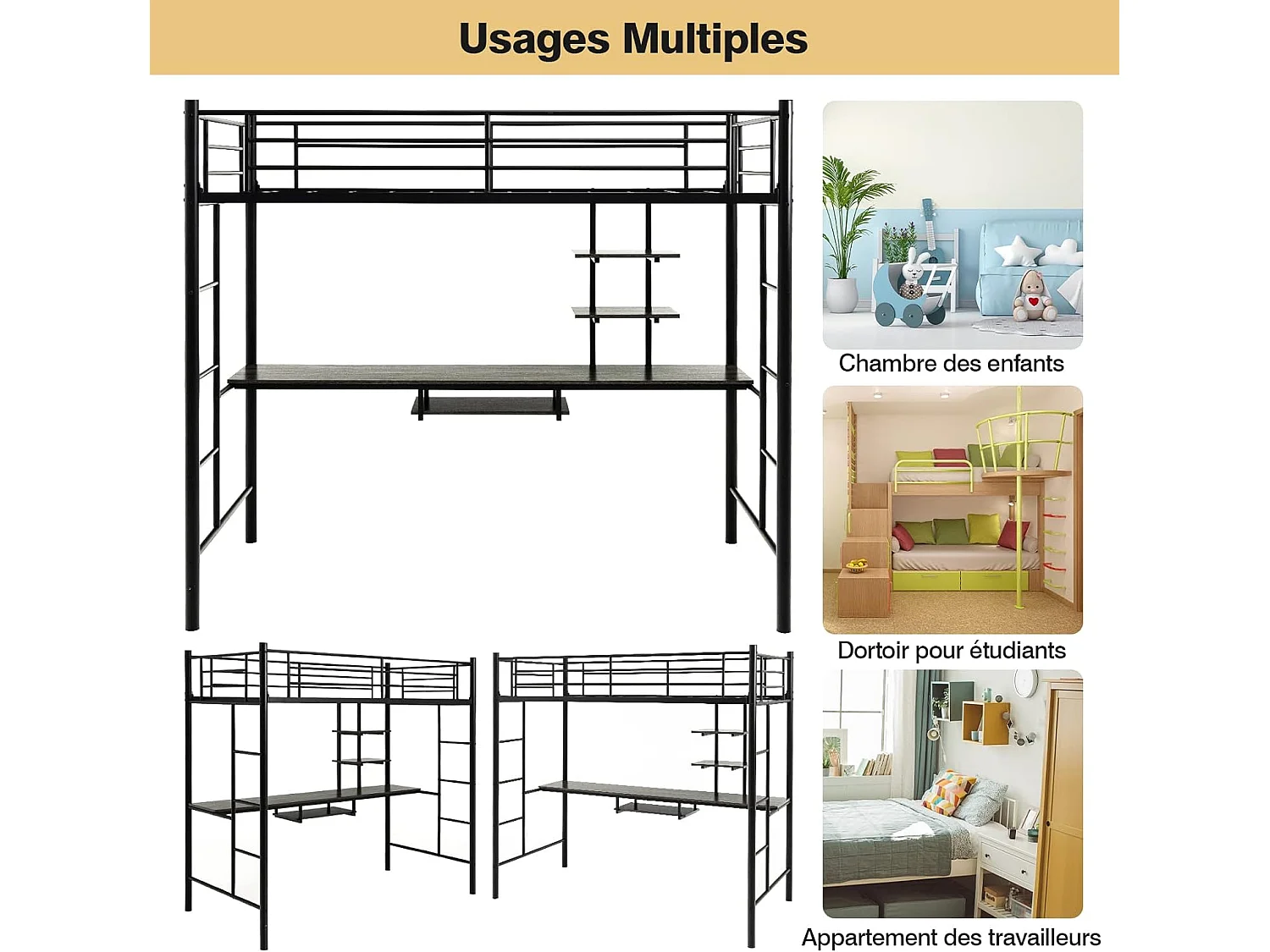 Lit Mezzanine en Métal avec Bureau, 2 Étagères et 2 Echelles, Lit pour Enfants et Adultes avec Lattes en Métal et Garde-Corps, pour Matelas de 90 x 190 cm (Noir)