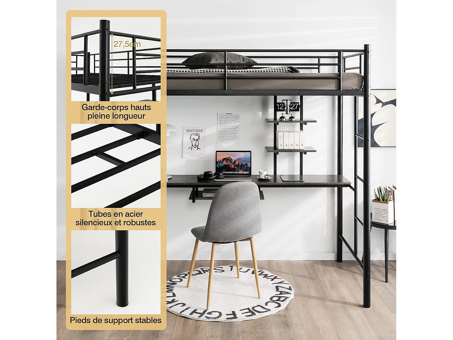 Lit Mezzanine en Métal avec Bureau, 2 Étagères et 2 Echelles, Lit pour Enfants et Adultes avec Lattes en Métal et Garde-Corps, pour Matelas de 90 x 190 cm (Noir)