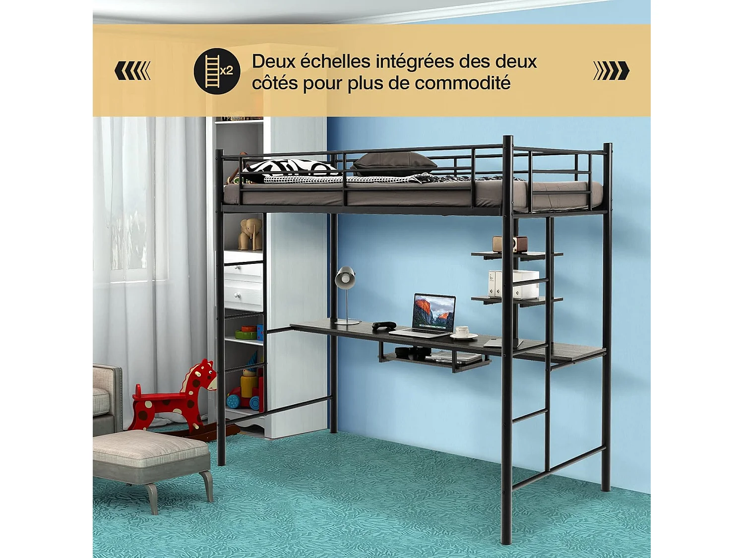 Lit Mezzanine en Métal avec Bureau, 2 Étagères et 2 Echelles, Lit pour Enfants et Adultes avec Lattes en Métal et Garde-Corps, pour Matelas de 90 x 190 cm (Noir)