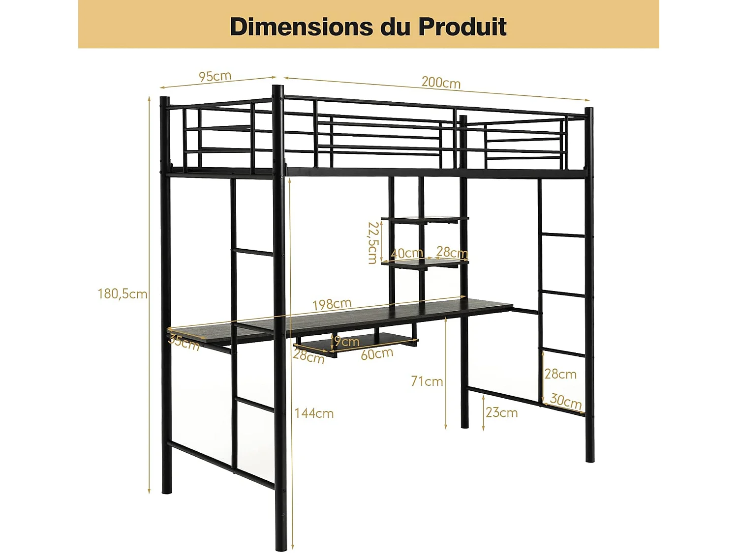 Lit Mezzanine en Métal avec Bureau, 2 Étagères et 2 Echelles, Lit pour Enfants et Adultes avec Lattes en Métal et Garde-Corps, pour Matelas de 90 x 190 cm (Noir)