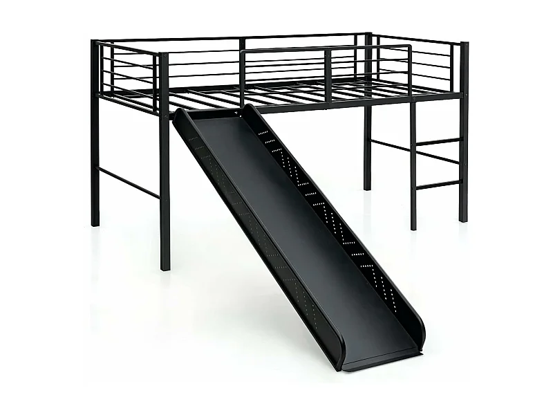 Lit Mezzanine 198 x 96 cm en Métal avec 4 Garde-corps de Sécurité,Echelle à 2 Marches et Toboggan Matelas non Inclus Noir