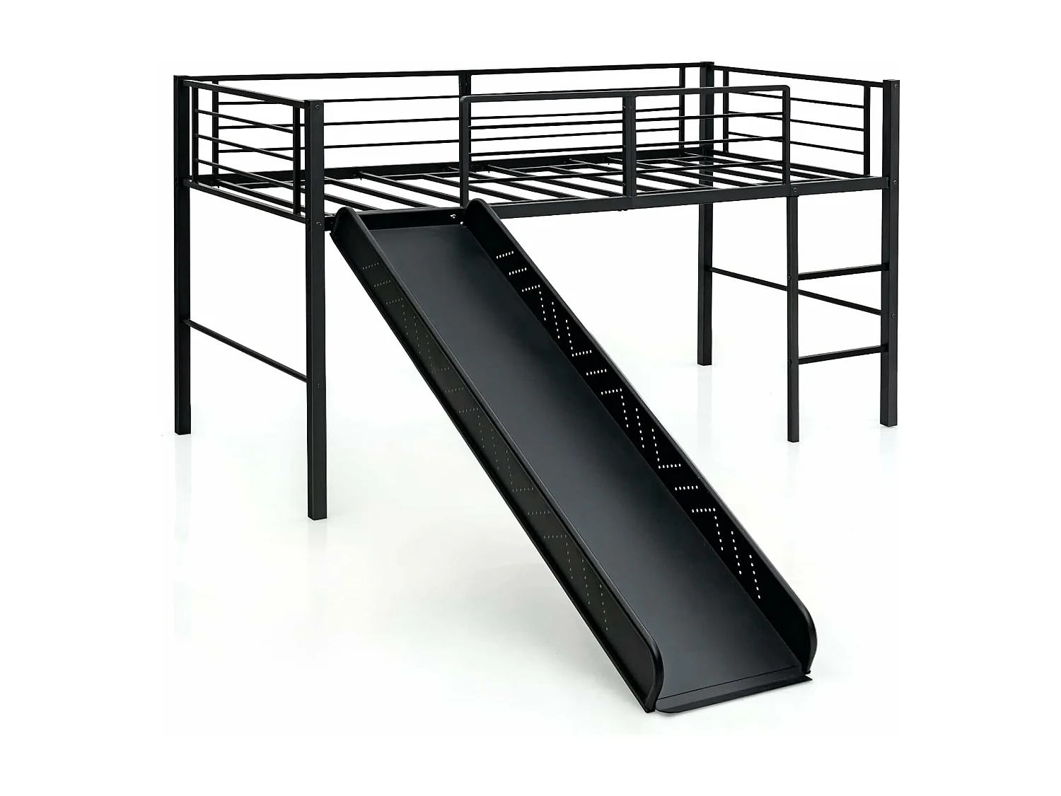 Lit Mezzanine 198 x 96 cm en Métal avec 4 Garde-corps de Sécurité,Echelle à 2 Marches et Toboggan Matelas non Inclus Noir