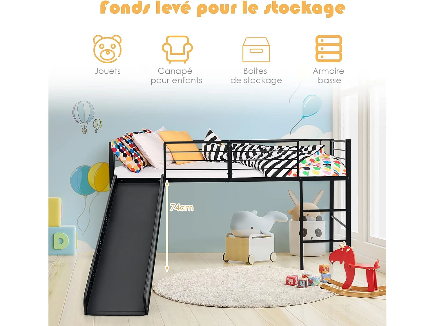 Lit Mezzanine 198 x 96 cm en Métal avec 4 Garde-corps de Sécurité,Echelle à 2 Marches et Toboggan Matelas non Inclus Noir