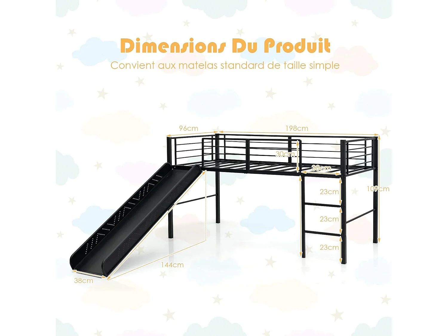 Lit Mezzanine 198 x 96 cm en Métal avec 4 Garde-corps de Sécurité,Echelle à 2 Marches et Toboggan Matelas non Inclus Noir