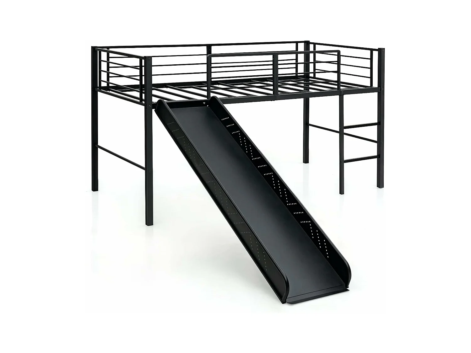 Lit Mezzanine 198 x 96 cm en Métal avec 4 Garde-corps de Sécurité,Echelle à 2 Marches et Toboggan Matelas non Inclus Noir