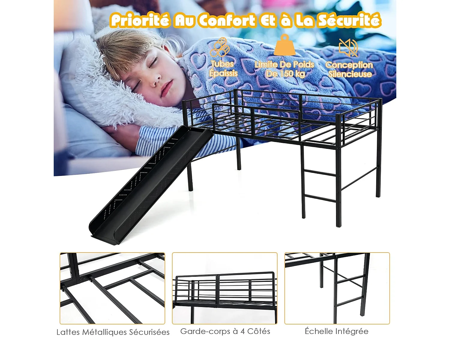 Lit Mezzanine 198 x 96 cm en Métal avec 4 Garde-corps de Sécurité,Echelle à 2 Marches et Toboggan Matelas non Inclus Noir