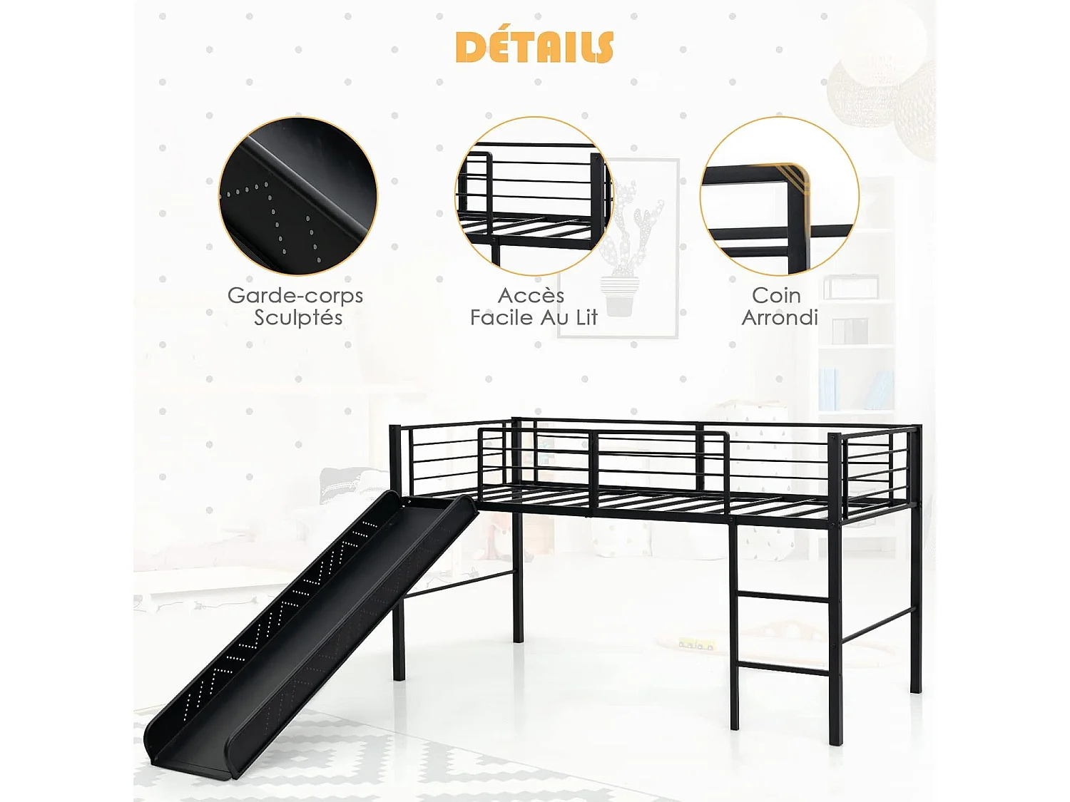 Lit Mezzanine 198 x 96 cm en Métal avec 4 Garde-corps de Sécurité,Echelle à 2 Marches et Toboggan Matelas non Inclus Noir