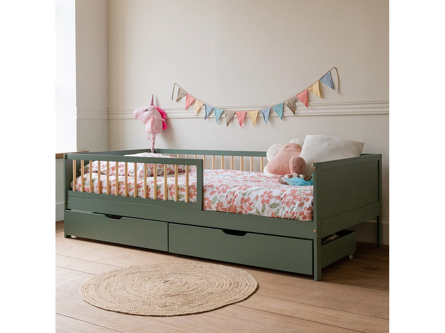 Lit pour enfant 190x90cm vert avec tiroirs ADAM - HAPPY GARDEN