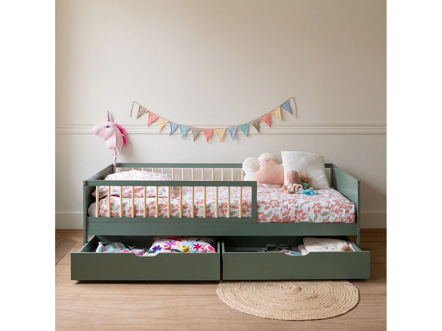 Lit pour enfant 190x90cm vert avec tiroirs ADAM - HAPPY GARDEN